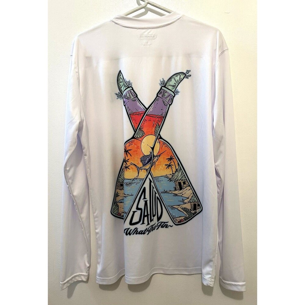 What the Fin Performance Shirt Long Sleeve White "Salud" Size Large Graphic Tee